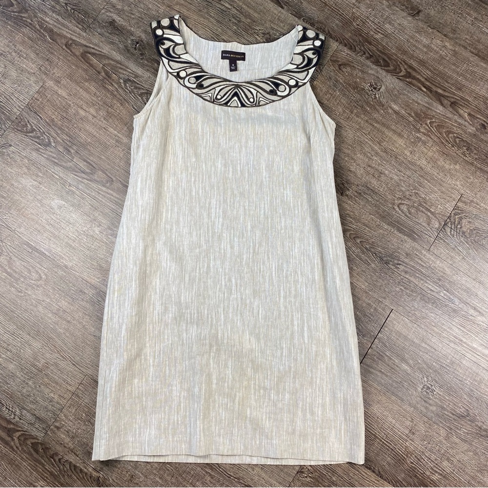 Dana Bachman Sheath Dress Women 10 Beige Brown Embroidered Midi Linen Blend Zip